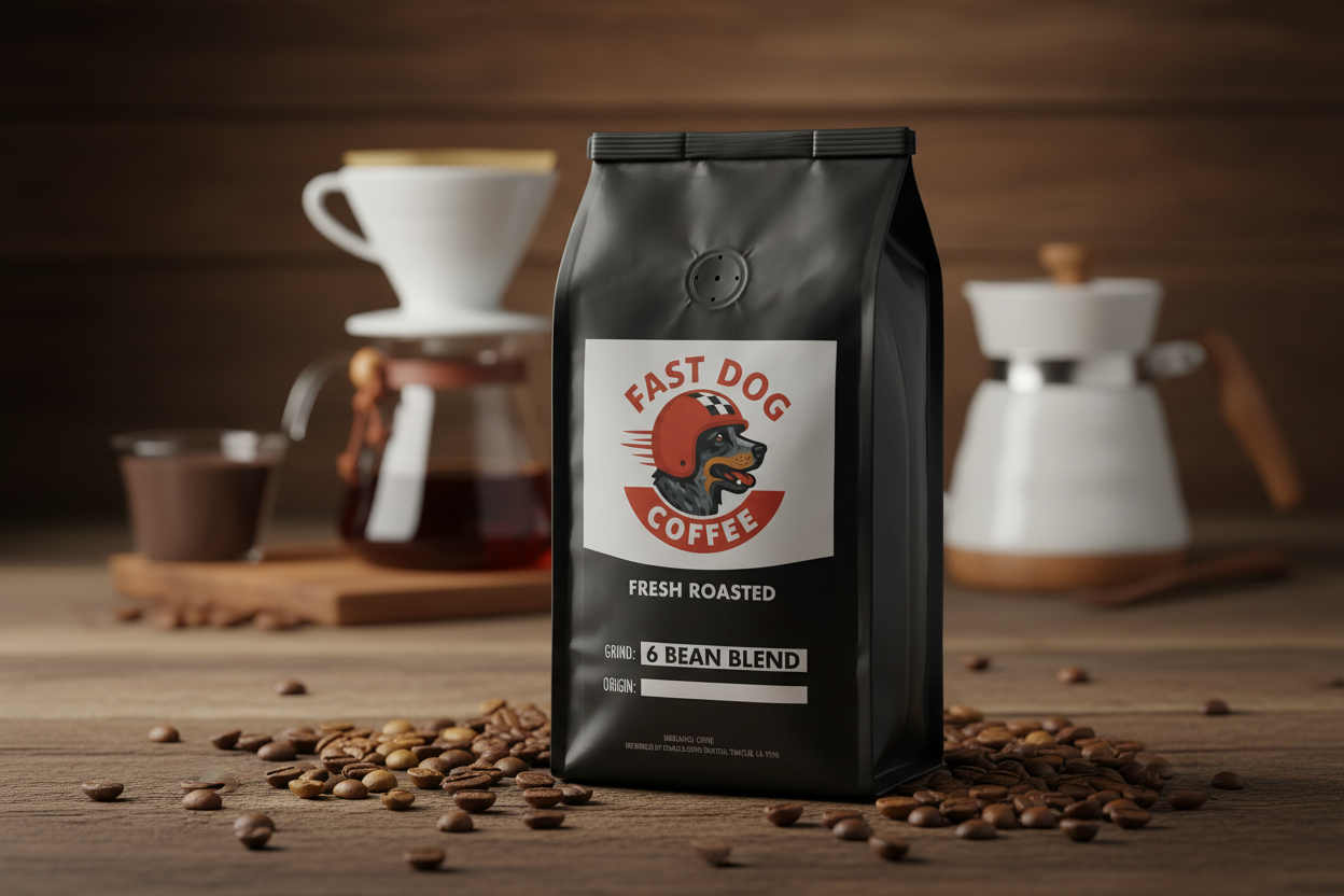 6 bean blend coffee bag with fast dog logo on wooden table, surrounded by coffee beans, with brewing equipment in background