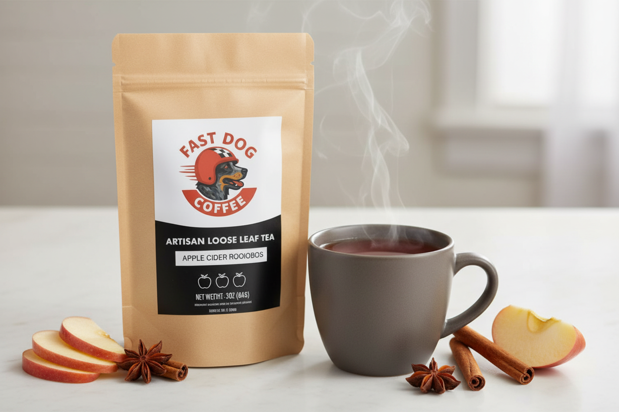 Apple cider rooibos tea loose leaf bag with steaming mug, apple slices, cinnamon, and star anise