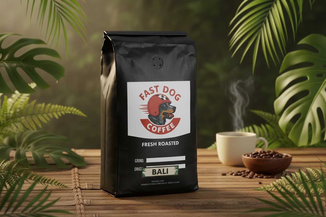 Bag of Bali fresh roasted coffee beans with fast dog logo, cup, and bowl on tropical table