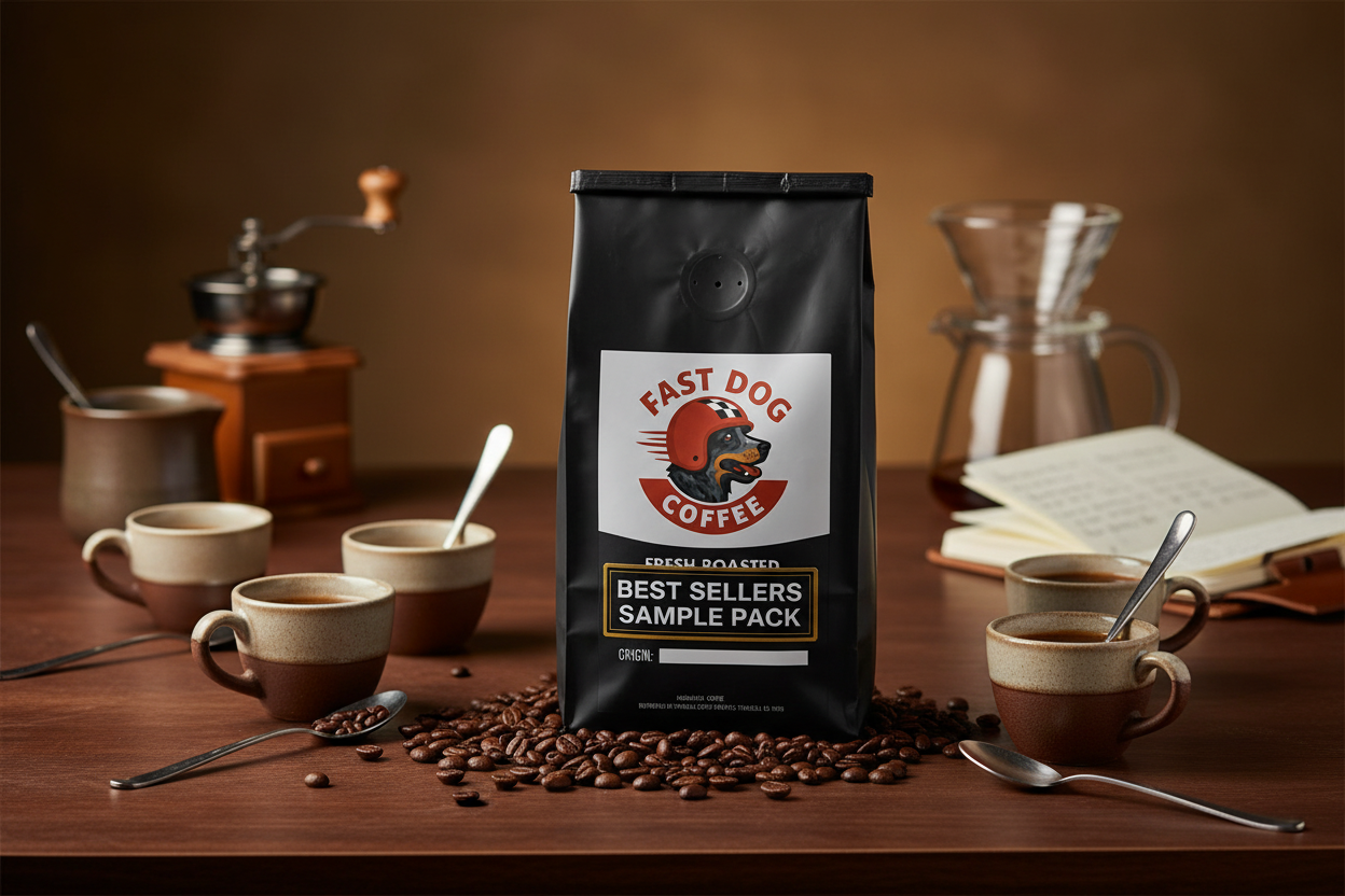 Best Sellers Sample Pack bag of coffee on table with cups, beans, grinder, and coffee maker