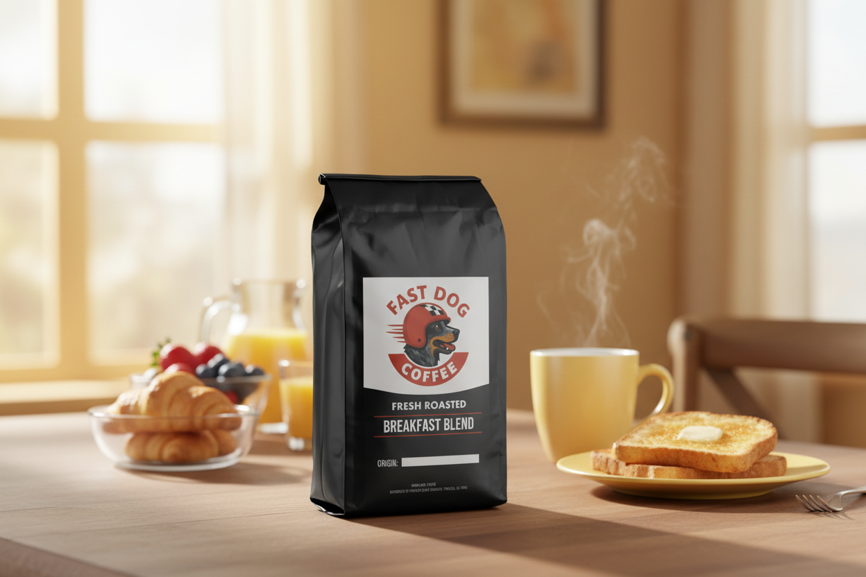 Bag of fresh roasted breakfast blend coffee on a breakfast table with toast and fruit.