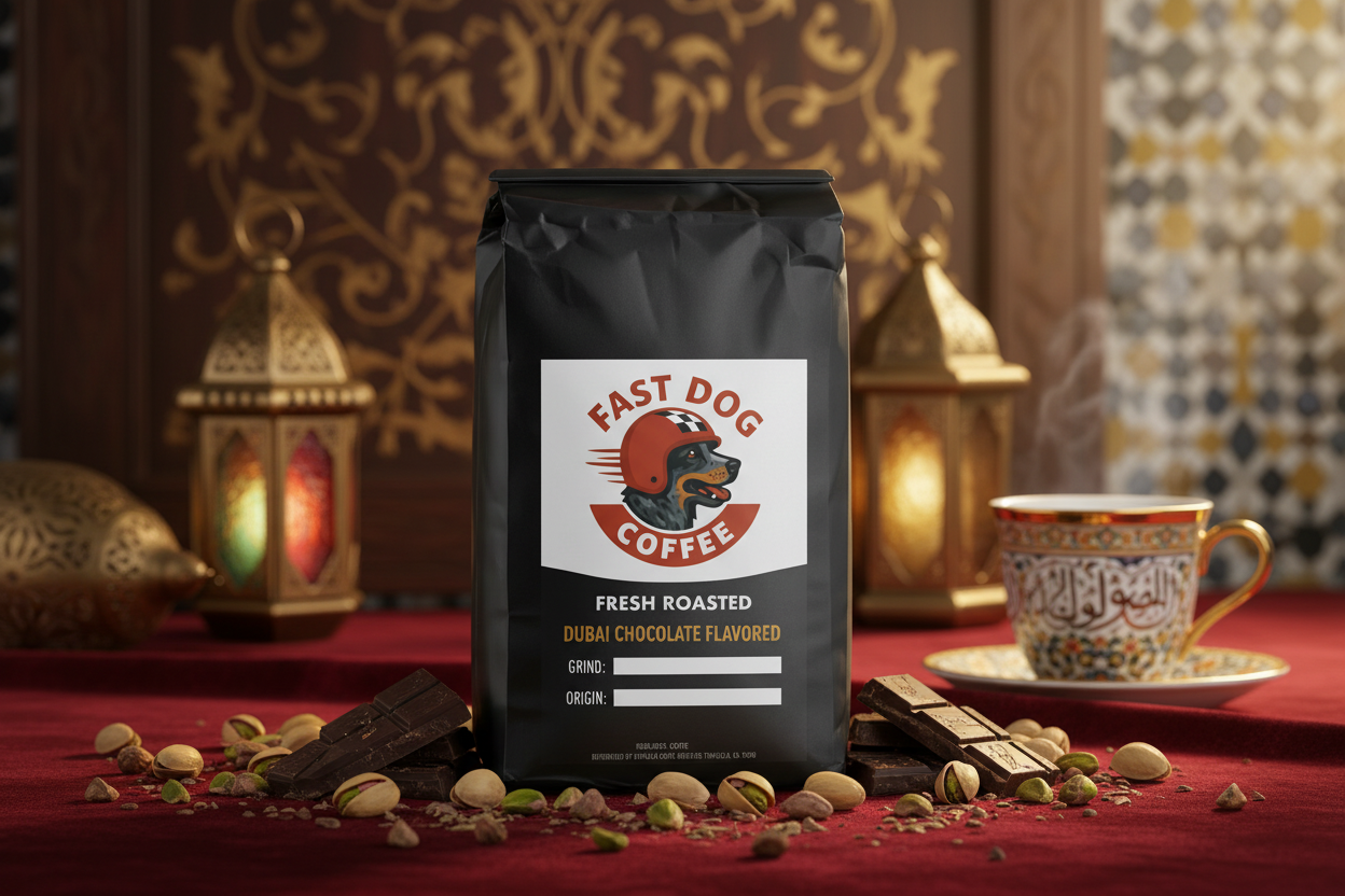 Dubai chocolate flavored coffee bag with chocolate, pistachios, ornate lanterns, and a decorative tea cup on a red tablecloth.