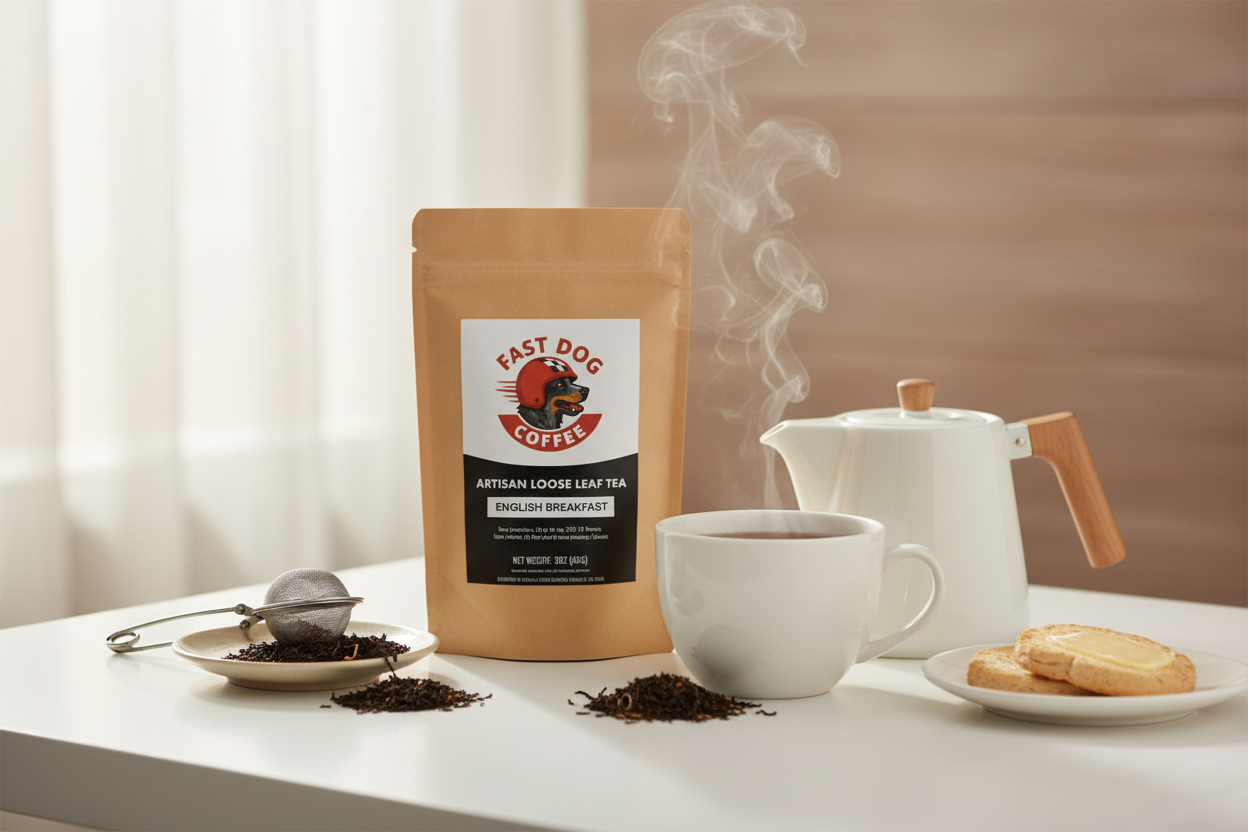 English breakfast loose leaf tea with tea leaves, teapot, steaming cup, and cookies on table