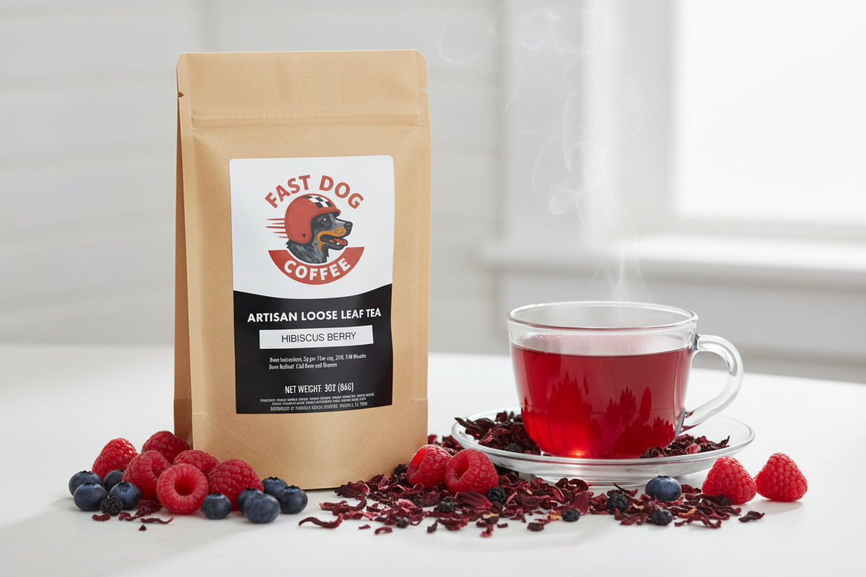 Hibiscus berry loose leaf tea in a brown bag with berries and a steaming glass cup of red tea