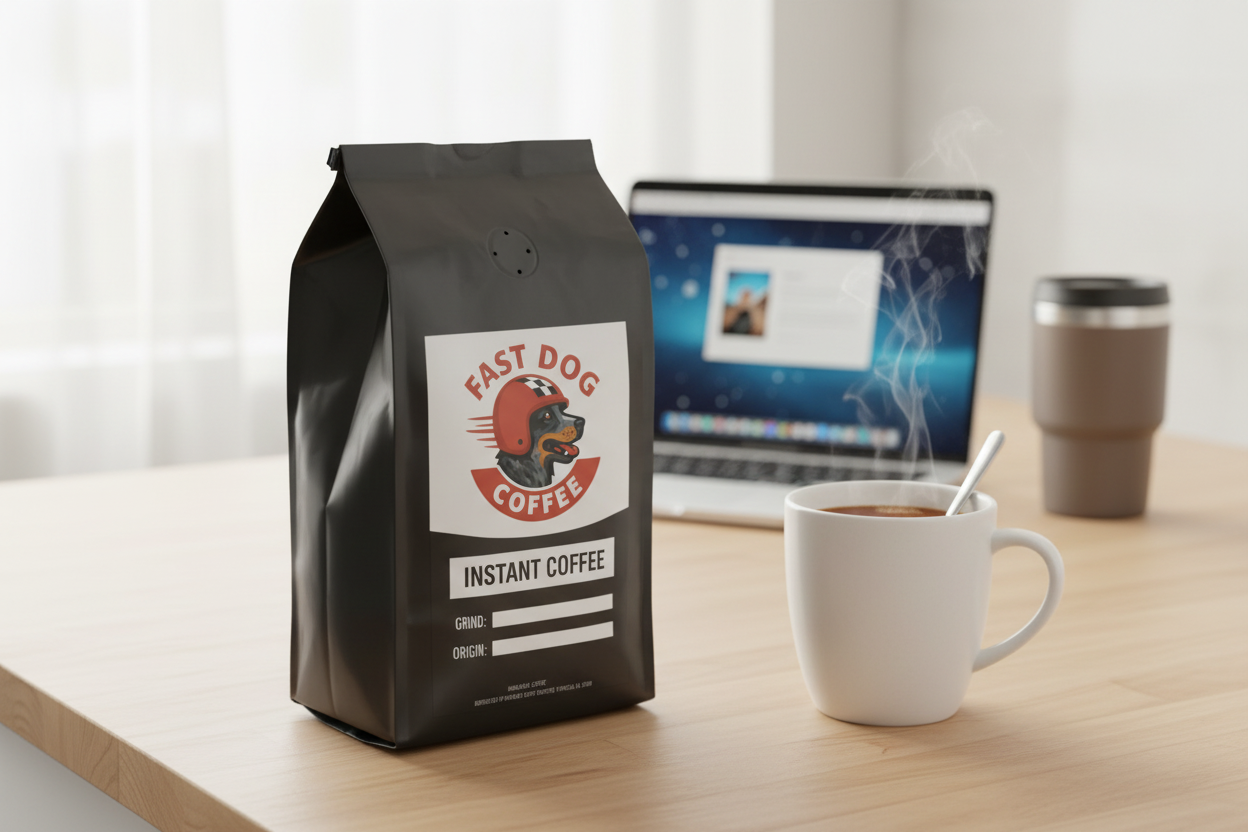 Instant coffee bag with fast dog logo on desk, next to a steaming mug and laptop in modern setting