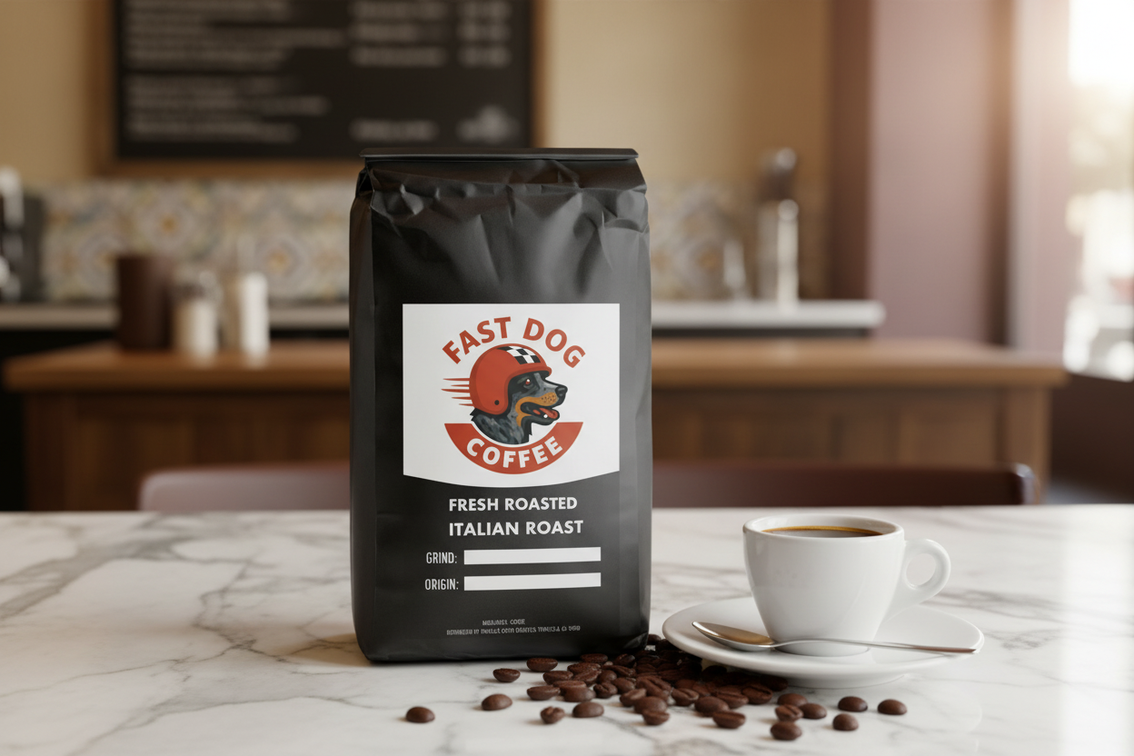 Bag of fresh roasted Italian roast coffee with fast dog logo, cup of coffee, coffee beans on table