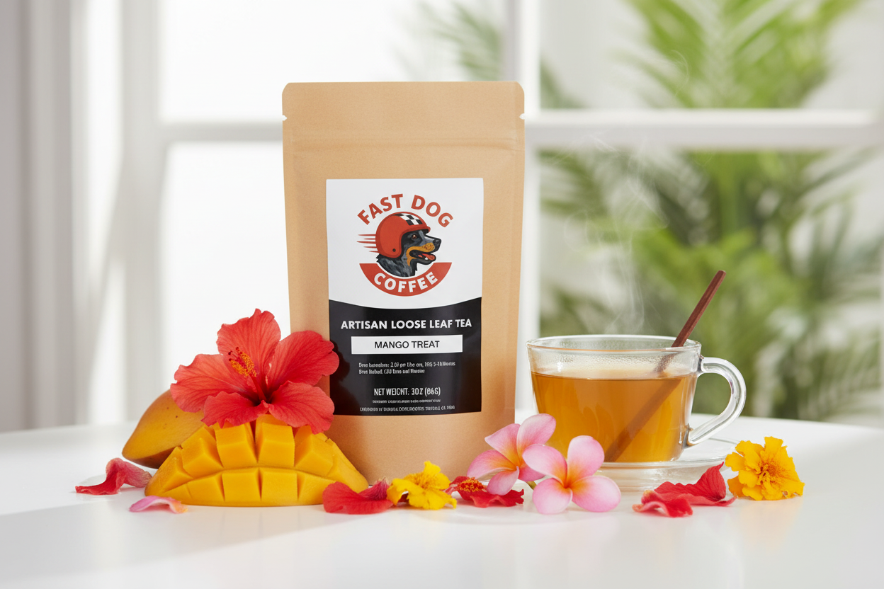 Mango Treat artisan loose leaf tea pouch with a glass cup of tea, mango slices, and tropical flowers.