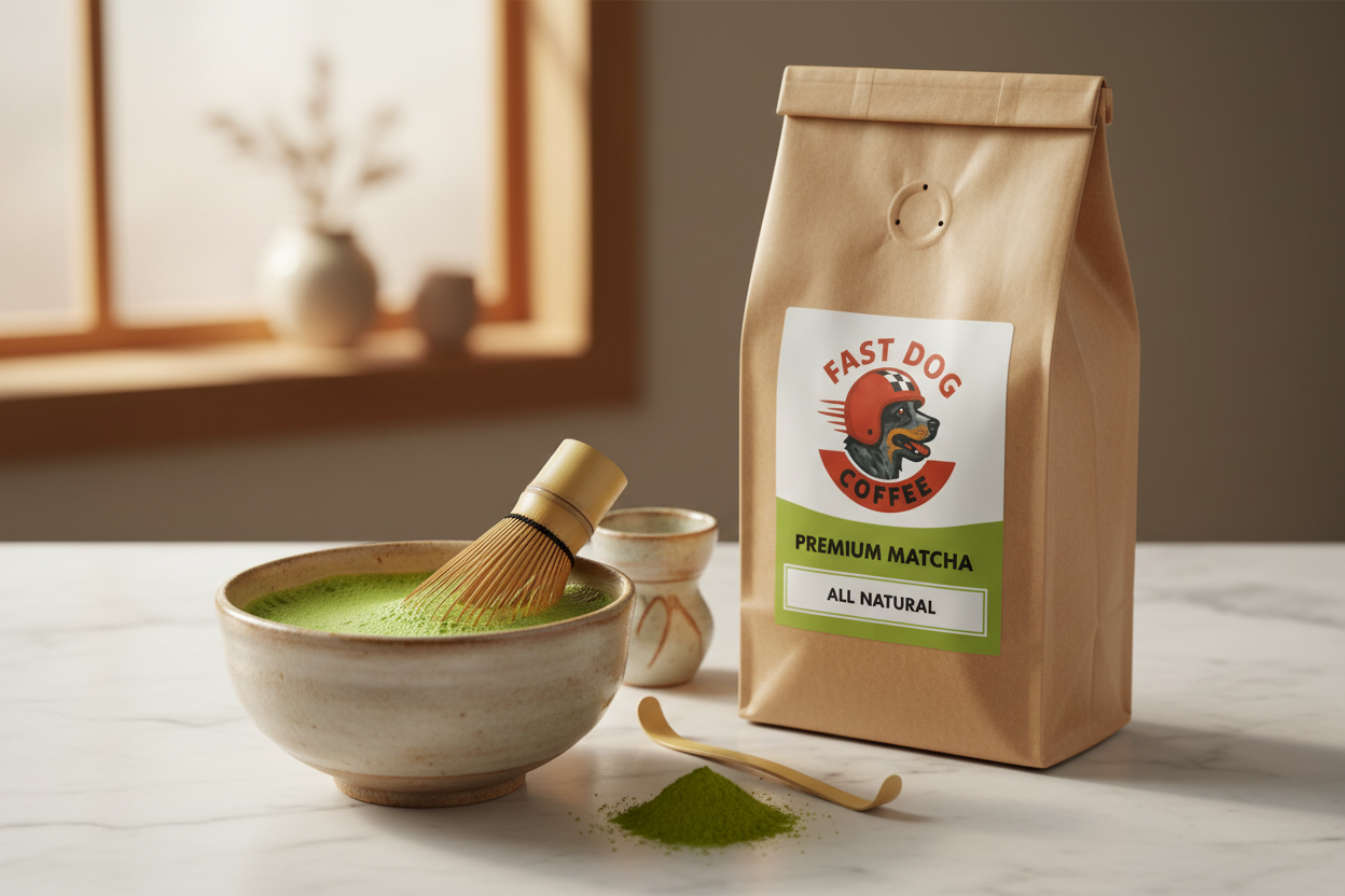 Premium matcha tea powder with whisk and rustic bowl beside branded bag on kitchen counter