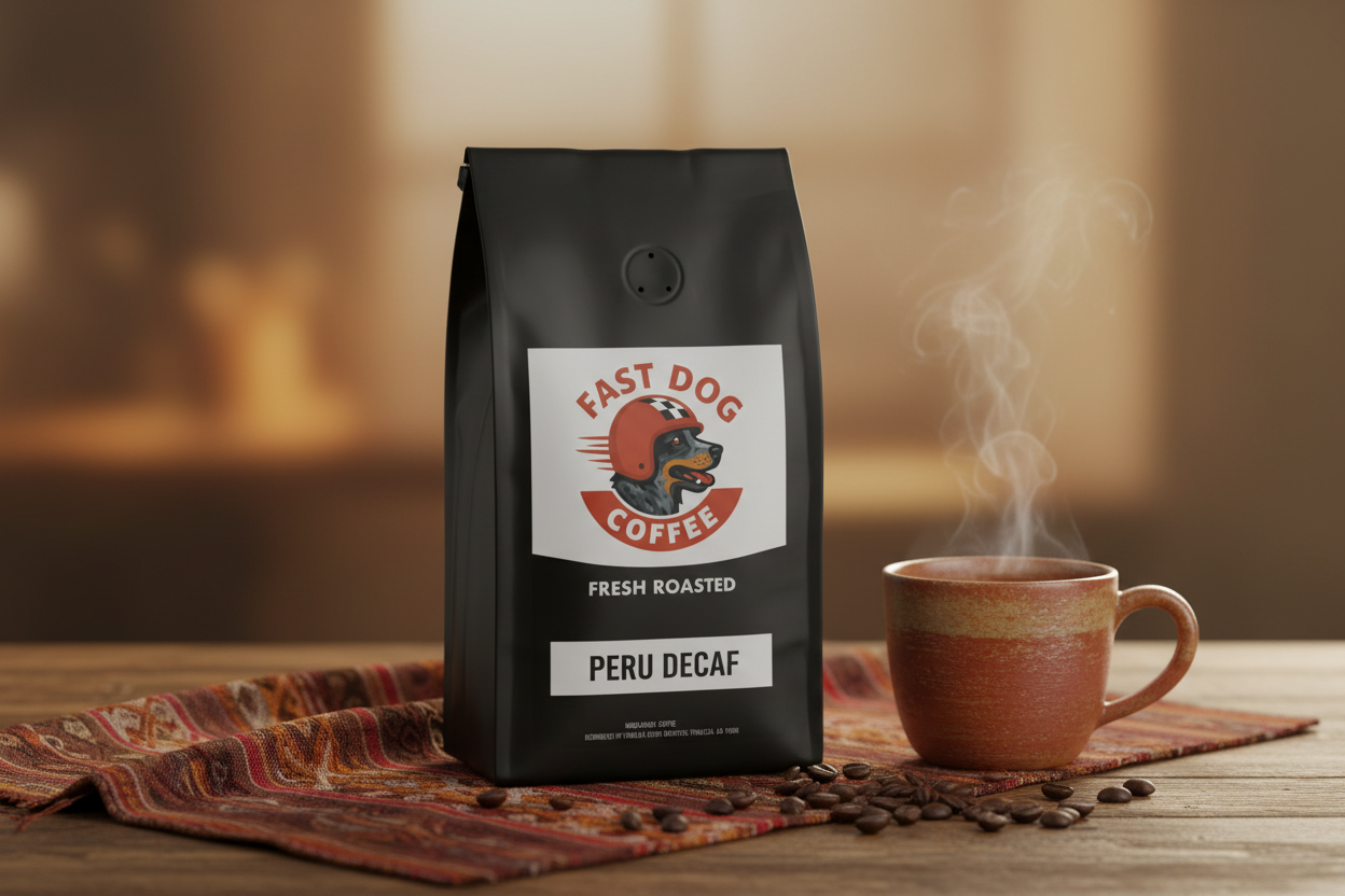 Bag of Peru Decaf coffee with fast dog logo next to steaming mug on rustic table
