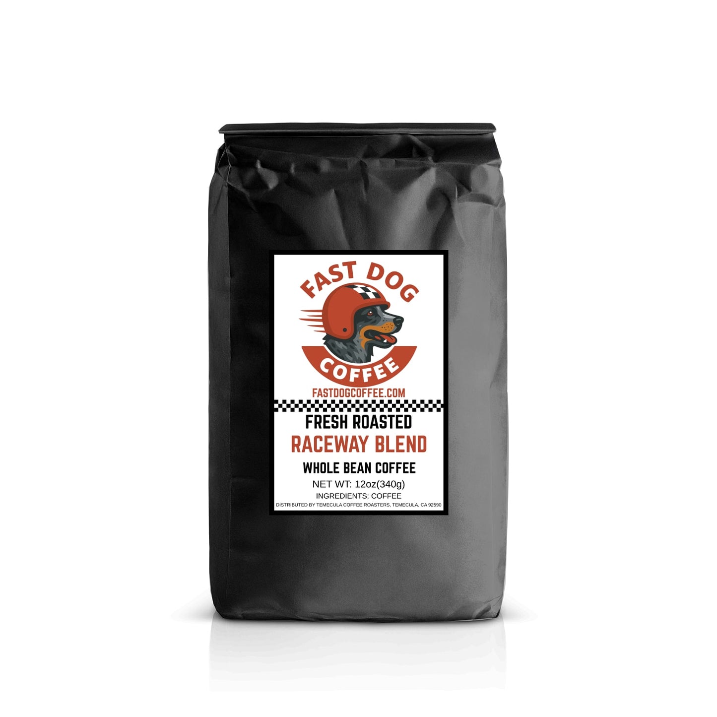 Black bag of whole bean coffee labeled 'Fresh Roasted Raceway Blend' with dog logo