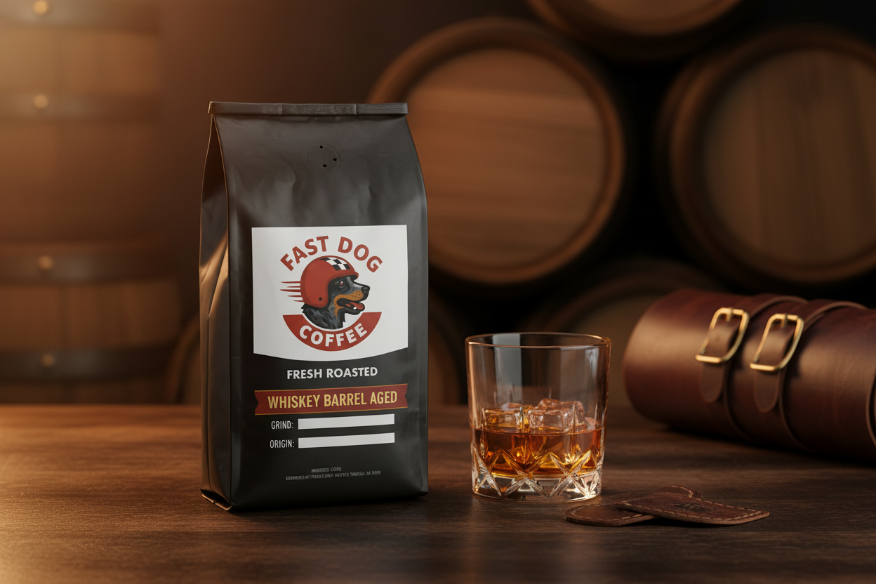 Whiskey barrel aged coffee bag, glass of whiskey, and leather pouch on wooden table