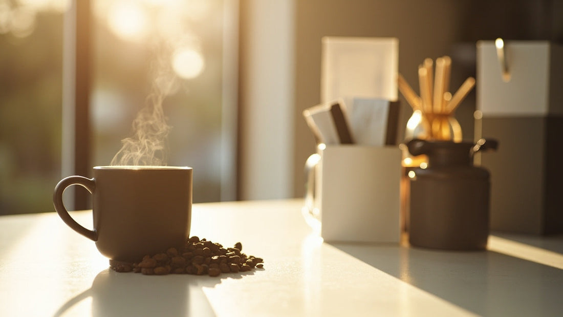 Steaming coffee mug with roasted coffee beans on a sunlit table, morning light ambiance