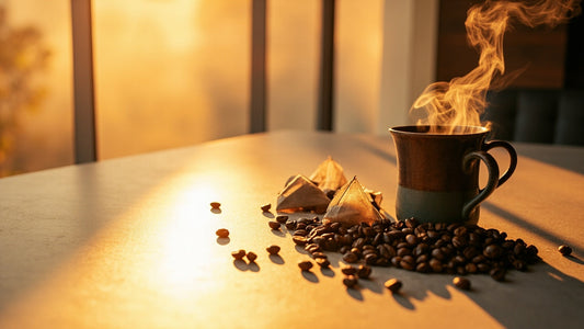 Steaming coffee mug with roasted coffee beans and tea sachets on table in morning light
