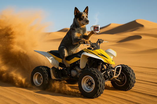 Fast dog riding quad while drinking Fast Dog Coffee