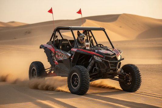 Blue Heeler wearing goggles, holding coffee in off-road UTV driving through sand dunes
