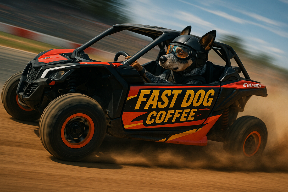 Fast blue heeler dog driving a side by side fast after drinking Fast Dog Coffee