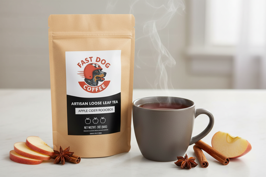Apple Cider Rooibos tea lifestyle photo with black label