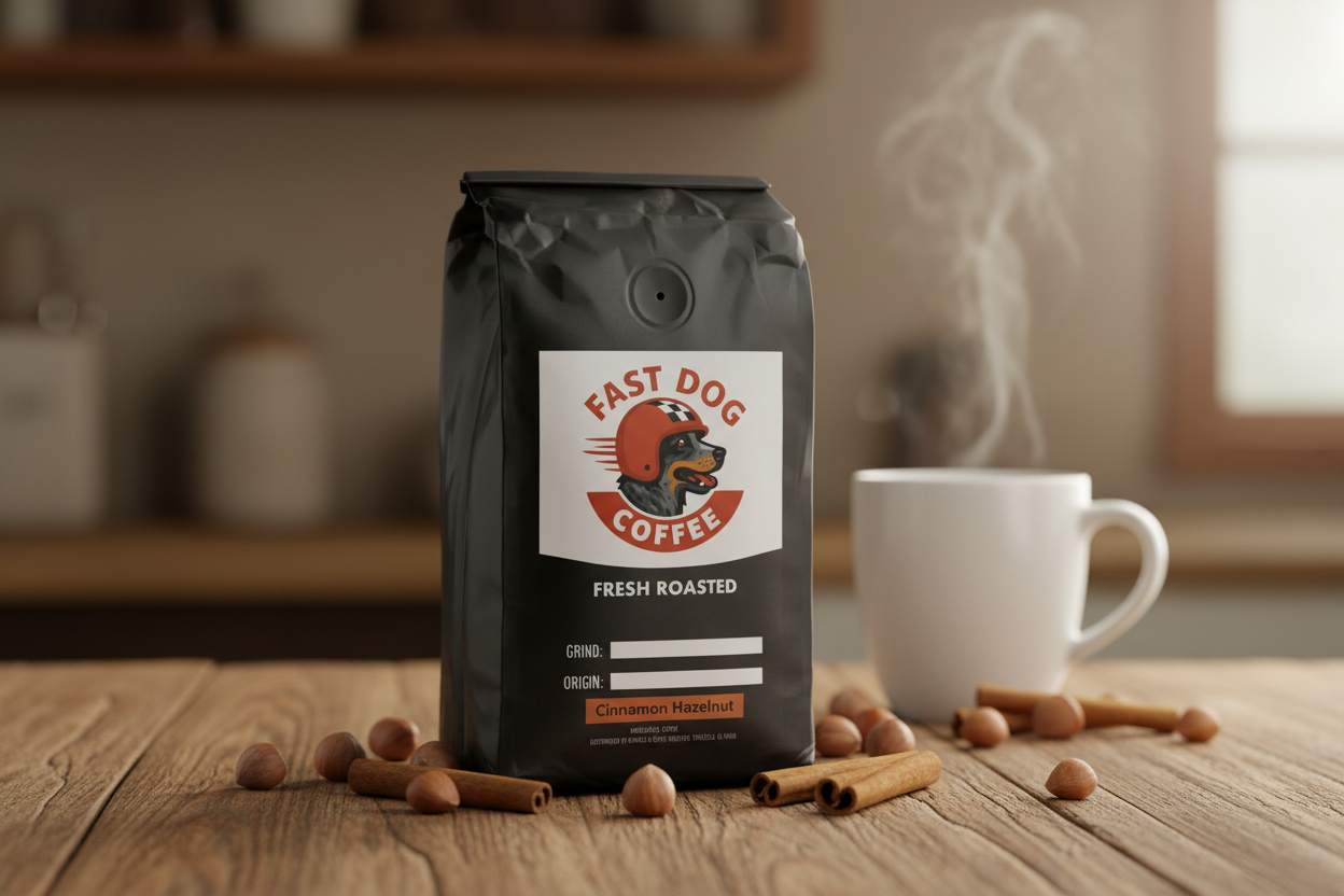 Cinnamon Hazelnut coffee bag with steam mug, cinnamon sticks, and hazelnuts on wood table