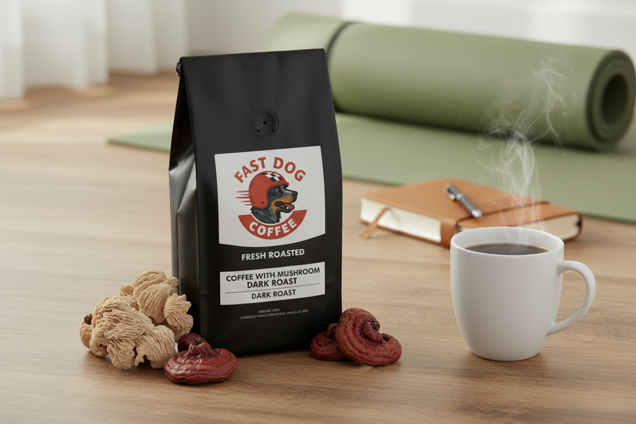 Coffee with mushroom dark roast bag, fresh mushrooms, and steaming mug on wood table