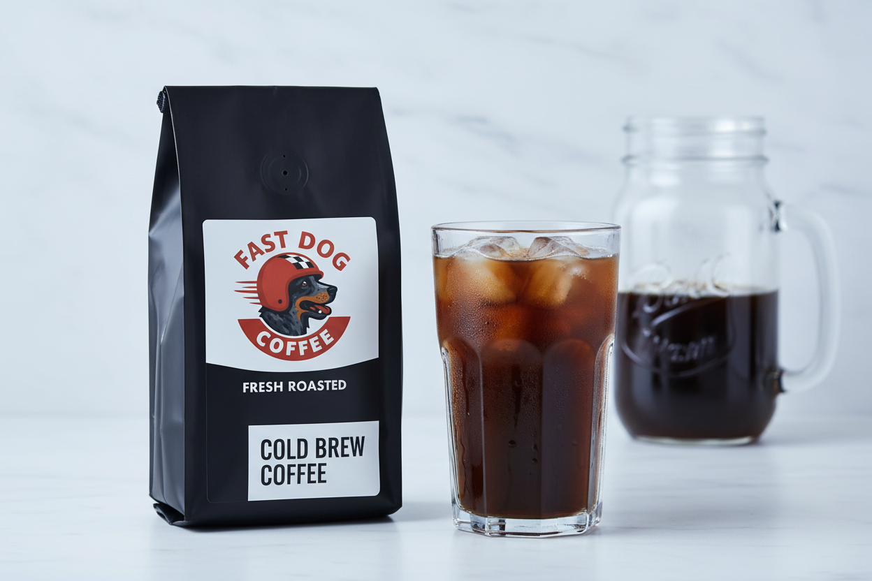 Cold brew coffee bag with dog logo, glass of iced cold brew, and mason jar pitcher