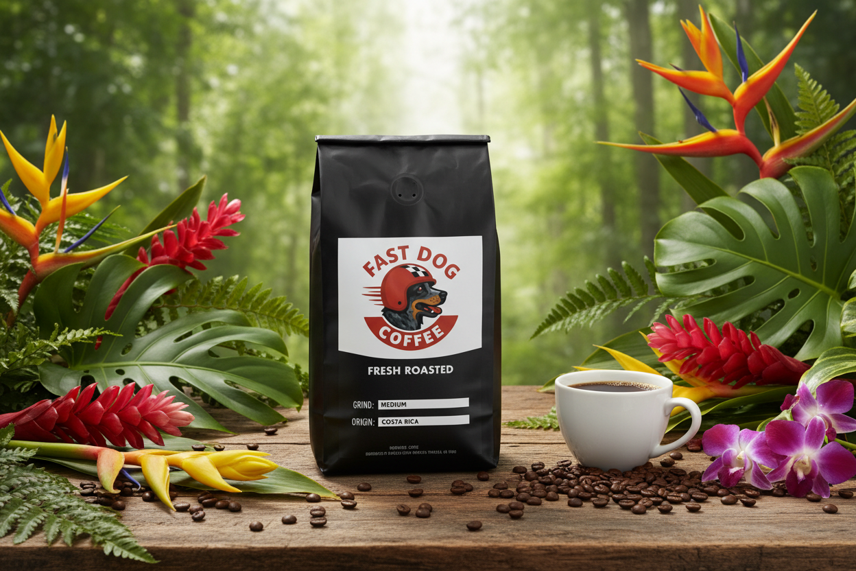Costa Rica coffee beans bag with fast dog logo, coffee cup, and tropical flowers in forest setting