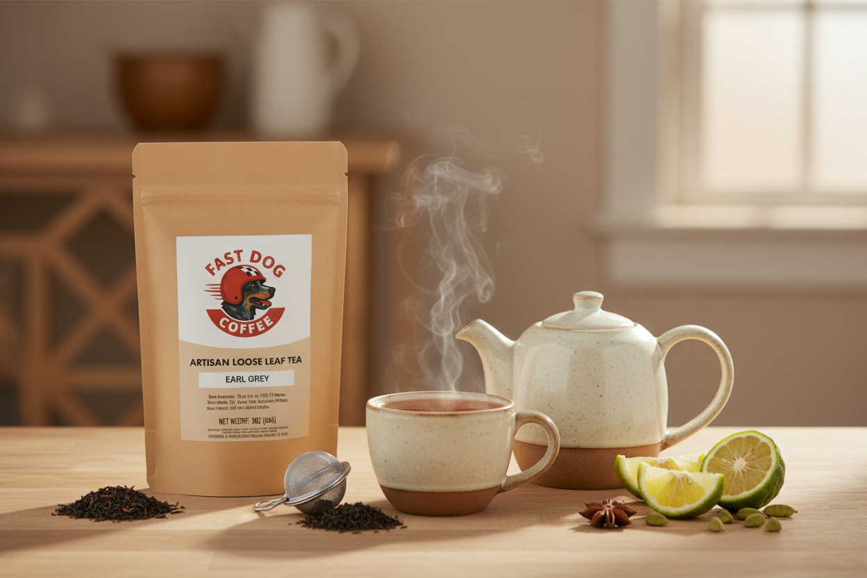 Earl Grey tea lifestyle photo with Fast Dog Coffee branding