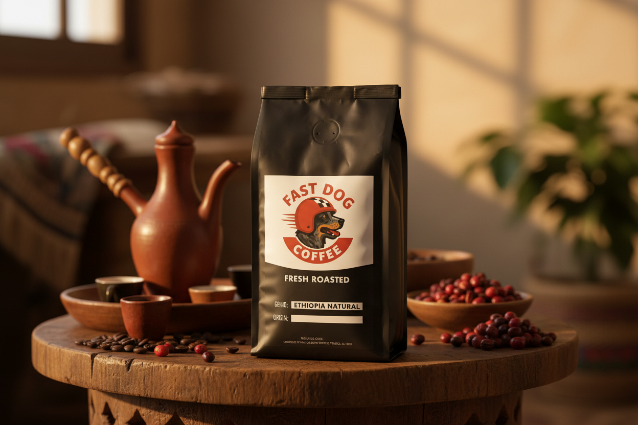 Bag of Ethiopia Natural coffee beans on rustic table with coffee cherries and ceramic pot