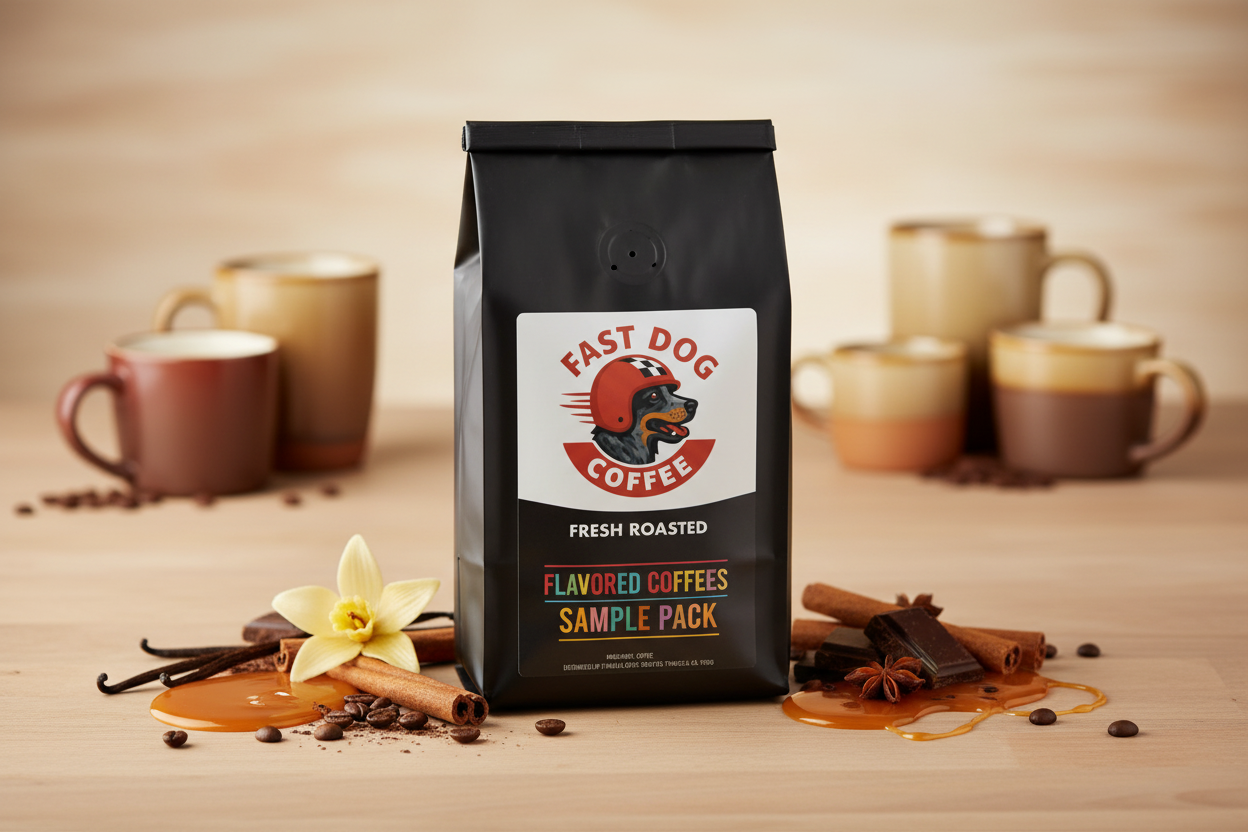 Flavored coffees sample pack with spices, chocolate, caramel, and coffee mugs in background