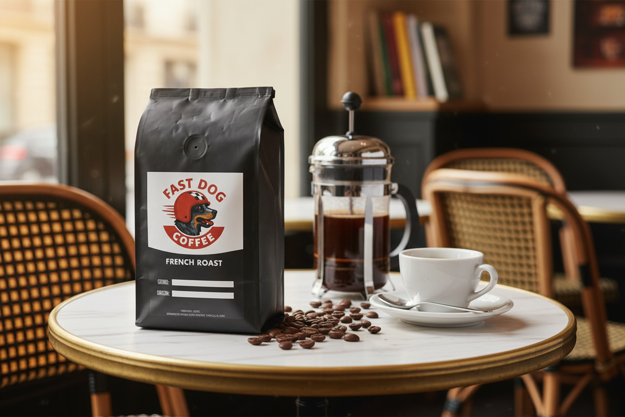 French roast coffee bag with dog logo, French press, cup, and beans on café table