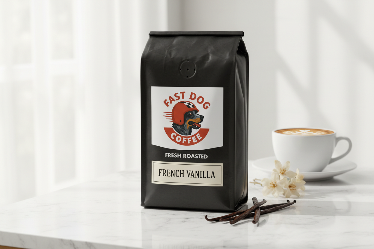 French Vanilla coffee bag with fast dog logo, vanilla beans, and latte on marble table