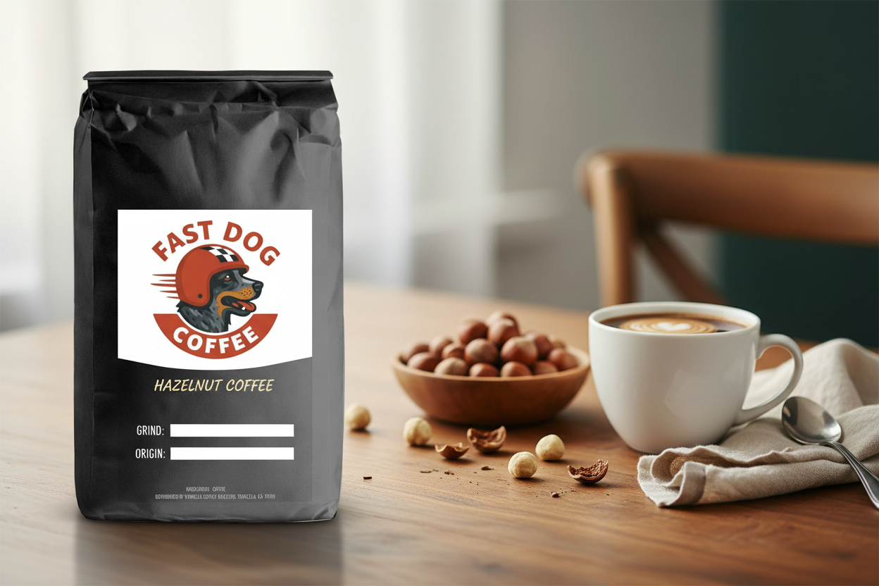 Hazelnut coffee bag on table with cup of coffee and bowl of hazelnuts in cozy setting
