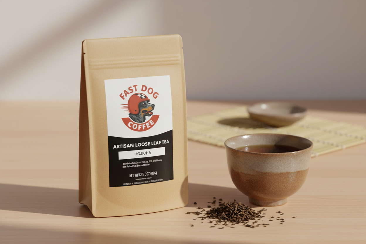 Hojicha Tea Lifestyle with Fast Dog Logo