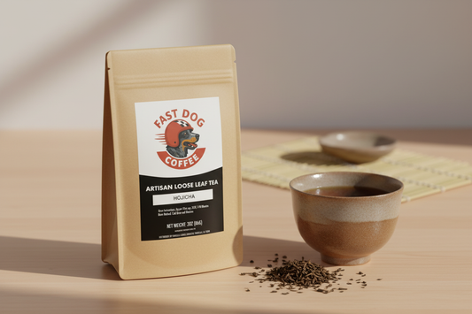 Hojicha Tea Lifestyle with Fast Dog Logo