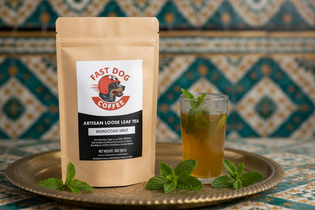Moroccan mint loose leaf tea bag with glass of fresh mint tea on decorative tray