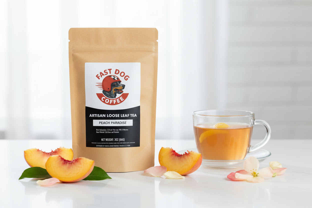 Peach Paradise artisan loose leaf tea pouch with glass cup of peach tea, peach slices, and flower petals on white table.