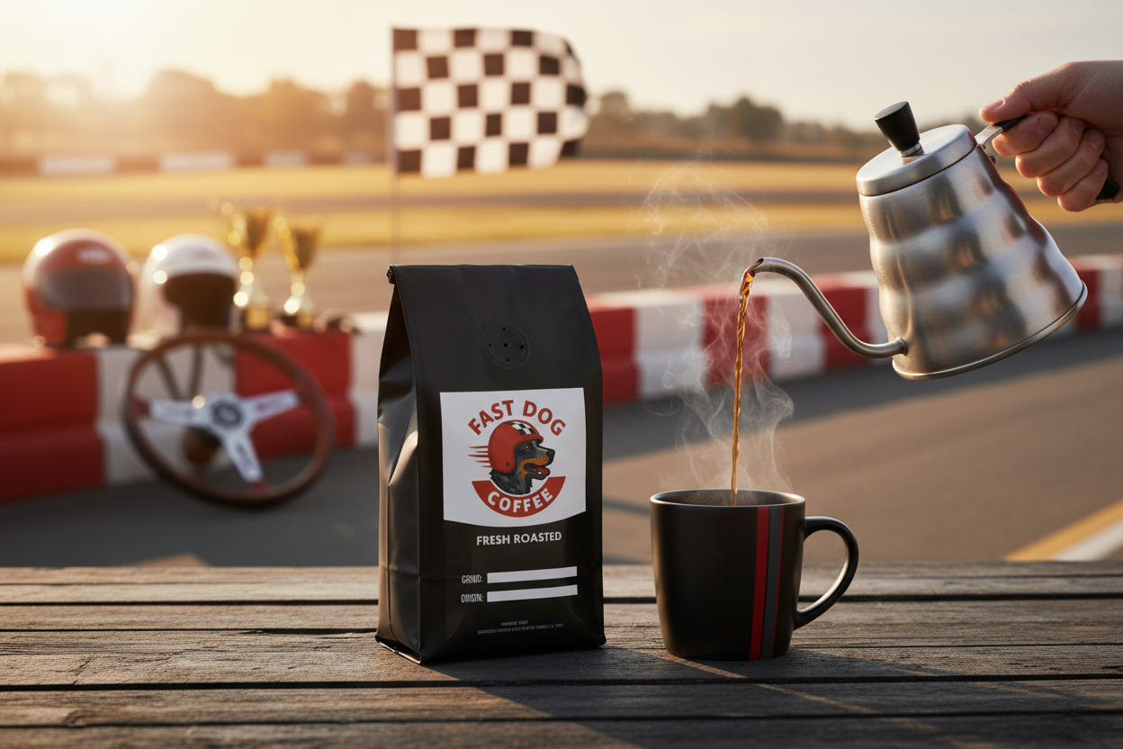 Bag of freshly roasted coffee with racing dog logo, mug, and checkered flag at racetrack