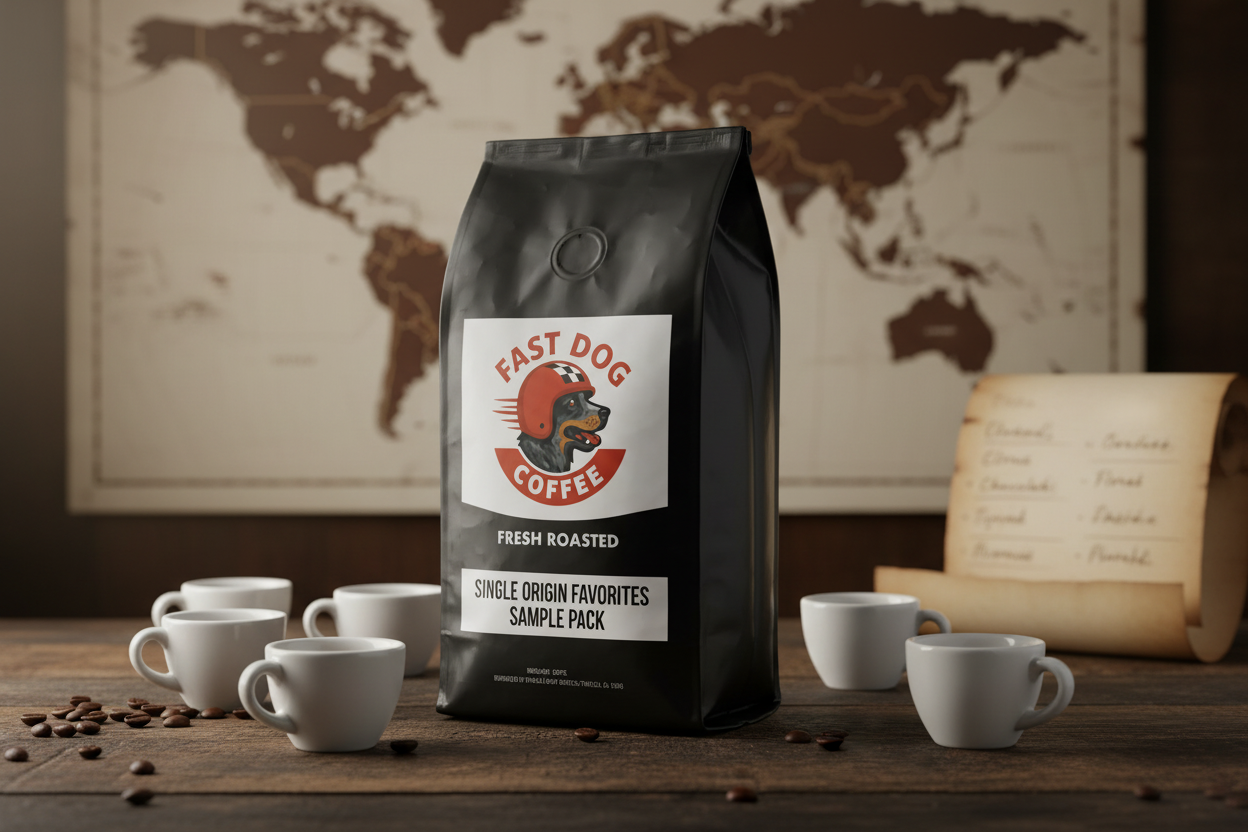 Single origin coffee sample pack with Fast Dog logo, surrounded by cups and coffee beans