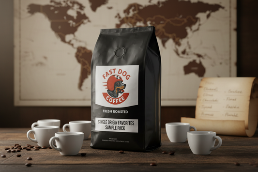 Single Origin Sample Pack Lifestyle with Fast Dog Logo
