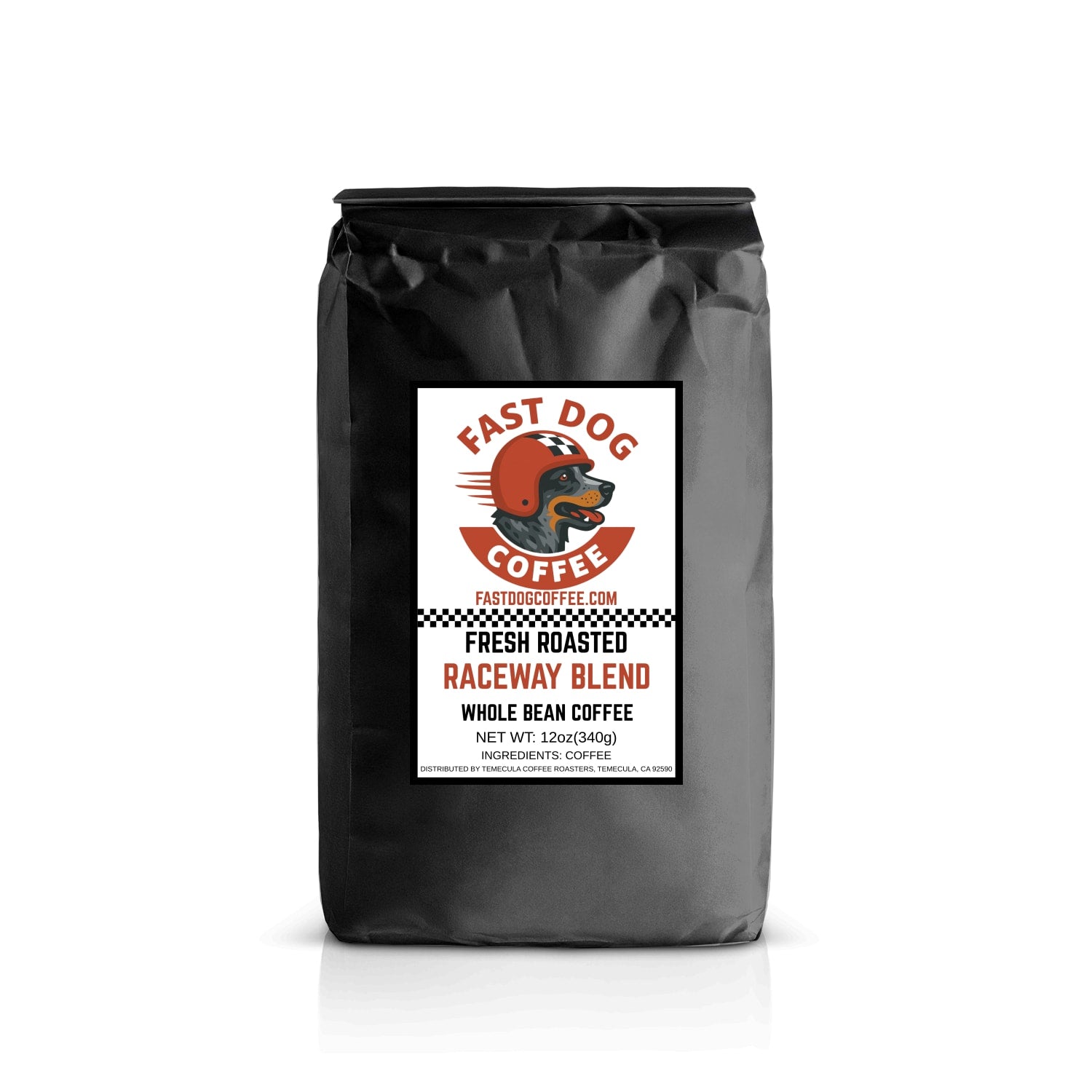 Black bag of whole bean coffee labeled 'Fresh Roasted Raceway Blend' with dog logo